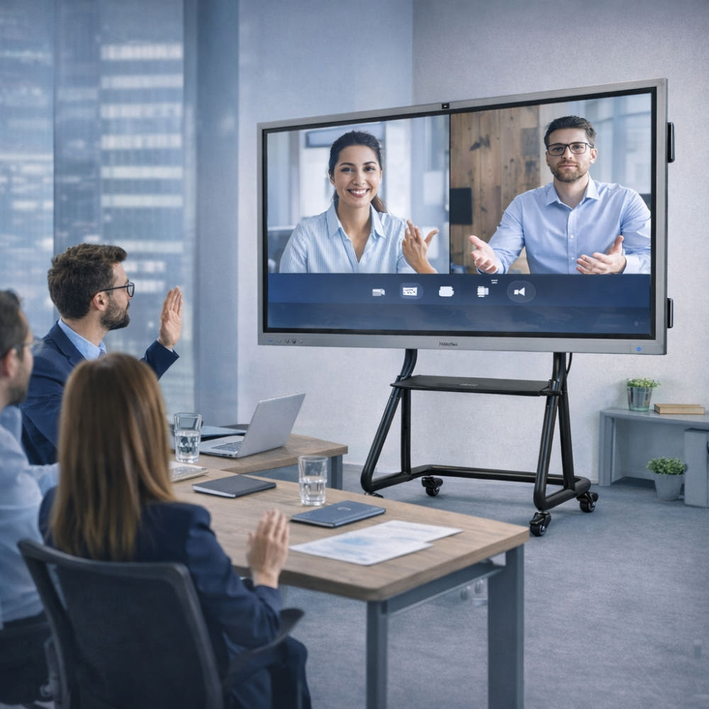 하이크비전 86인치 전자칠판의 설치 후 첫 회의 장면, 모두가 만족한 모습