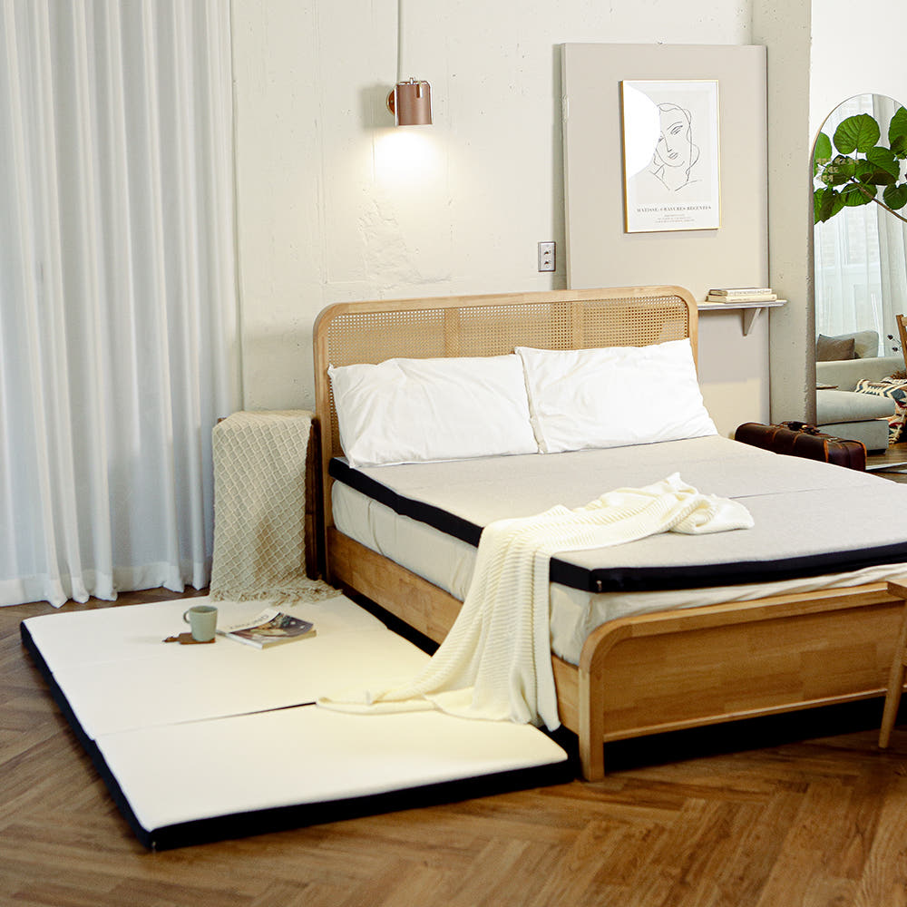 손님용과 상시 사용을 고려한 라누베 에어코일매트리스의 장점을 설명하는 이미지.