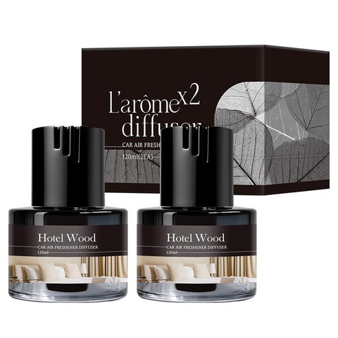 라홈 카 디퓨저 120ml 호텔우드 제품을 보여주는 이미지로, 차량용 디퓨저의 구성품이 잘 보입니다.
