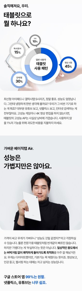 베이직스 베이직탭 Air의 화면을 확대하여 디스플레이의 선명함을 강조한 이미지.