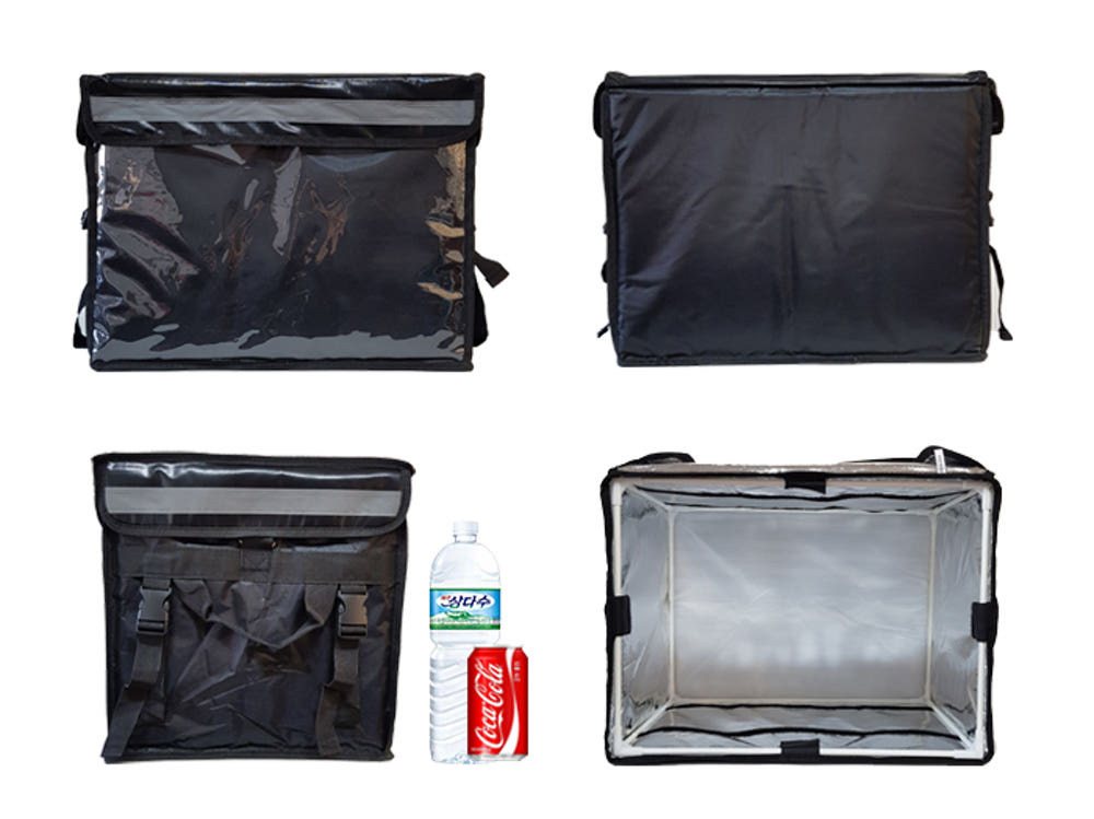 62L 자전거 배달가방의 보온보냉 기능을 시연하는 이미지.